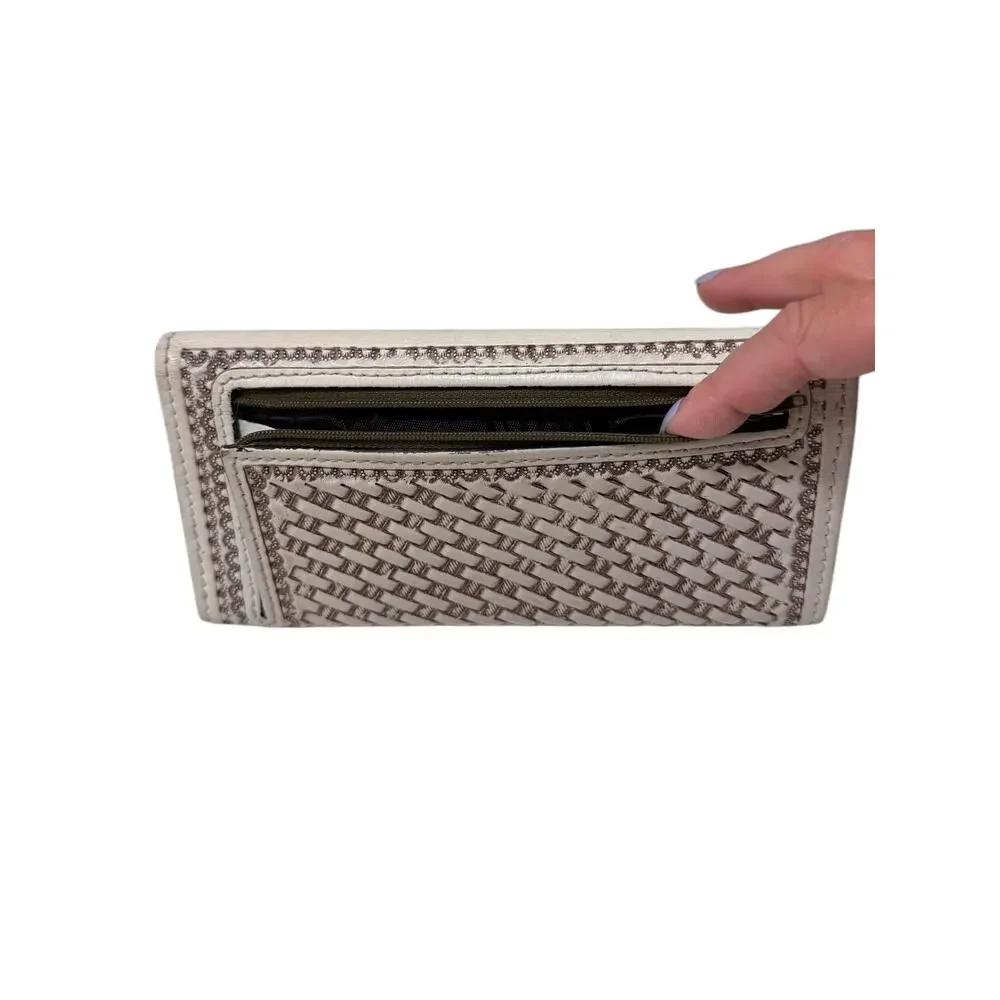 Adam Alexis Tooled Leather Tri-Fold Wallet Floral Western Ivory Artisan Snap